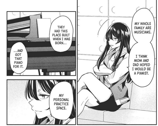 Three panels showing Kanon in her practice space explaining her backstory: “My whole family are musicians. I think mom and dad hoped I would be a pianist. They had this place built when I was born… and got that piano for it. My personal practice space.”