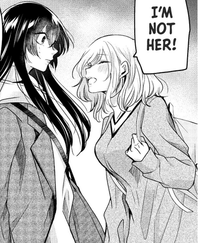 Saki exclaiming “I’m not her!” to Kanon, who reacts with surprise.