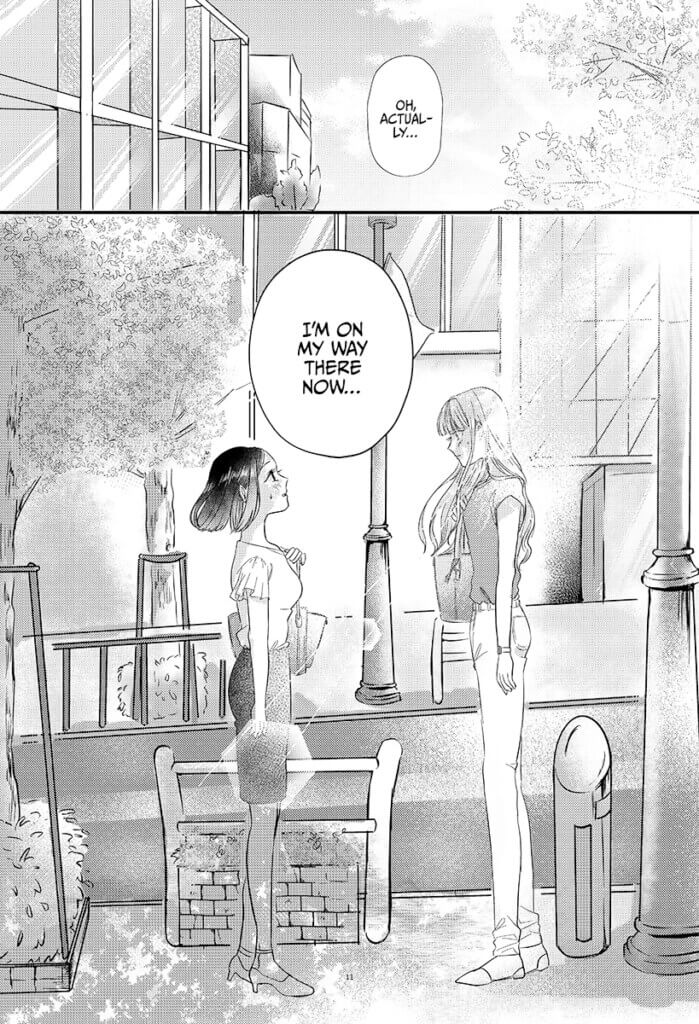 A page from Senpai no Kohai. Two women stand in front of each other on the street. “Oh, actually,” somebody says, “I’m on my way there now…”