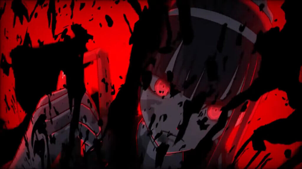 A teenage girl participates in an execution by stabbing a commander. As her eyes glow red, black blood erupts from the wound. The image is from the point of view of the commander being stabbed.