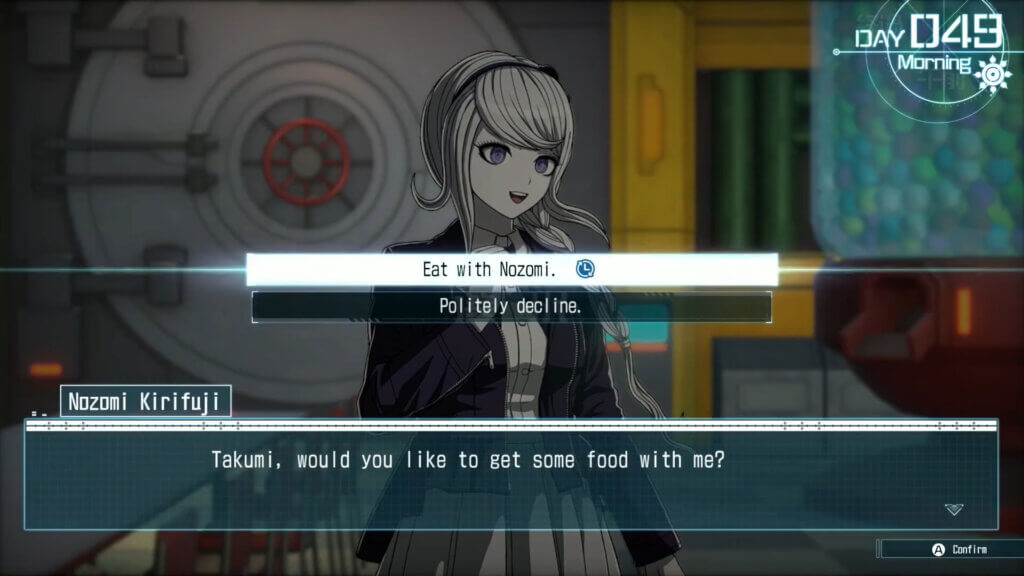 A girl with silver hair in a braid asks, “Takumi, would you like to get some food with me?” The choices include “Eat with Nozomi” and “Politely decline.”