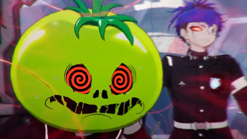 A person wearing a tomato mask and a teenage boy with blue hair and an eyepatch reel in confusion. Orange and black spirals can be seen in their eyes.