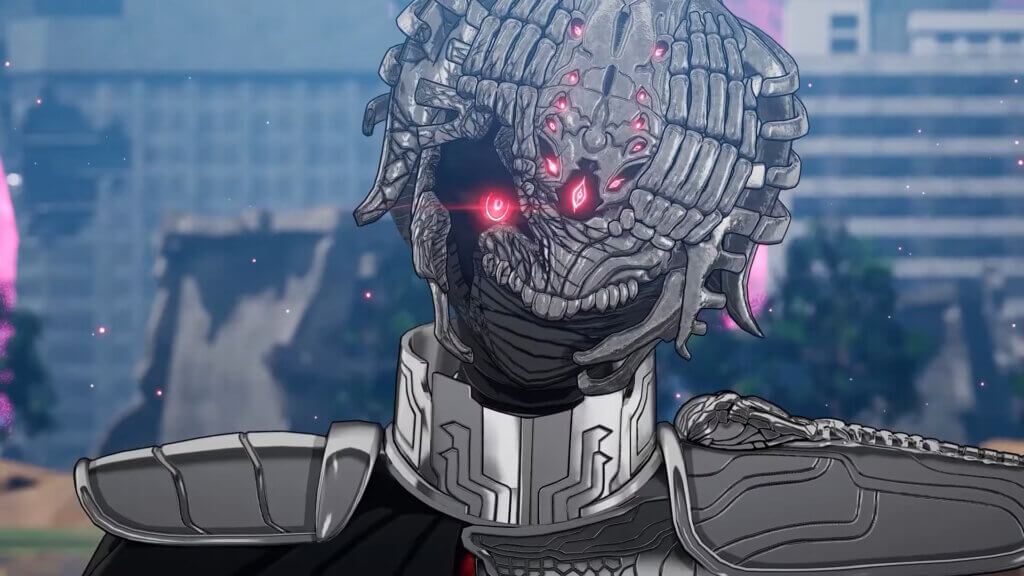 A commander wearing a strange insectoid mask cocks its head. Its eyes are red. Broken buildings and trees can be seen in the background.