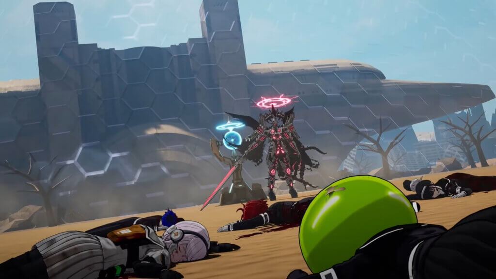 A large, intimidating commander with a sword stands over the bodies of several students including Takumi, Nozomi, and Kurara. A large school covered by a forcefield can be seen in the background.