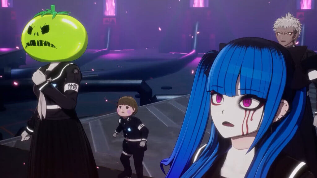 A scene from Hundred Line. Kurara, Shouma, Takumi, and Darumi look at something in front of them. Three streaks of blood are dripping from Darumi’s right eye.