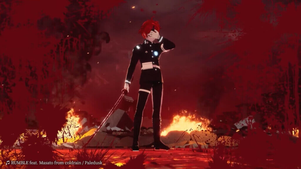 A scene from Hundred Line. Takumi stands in costume with his bloody sword in a burning field. Blood stains the left and right sides of the camera.