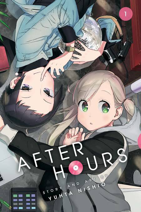 Cover of volume 1 of After Hours, showing two women lying down at opposite angles to one another. One has short dark hair and is smiling with a finger to her lips, cradling a disco ball in her arms. The other has long blonde hair and a curious expression.