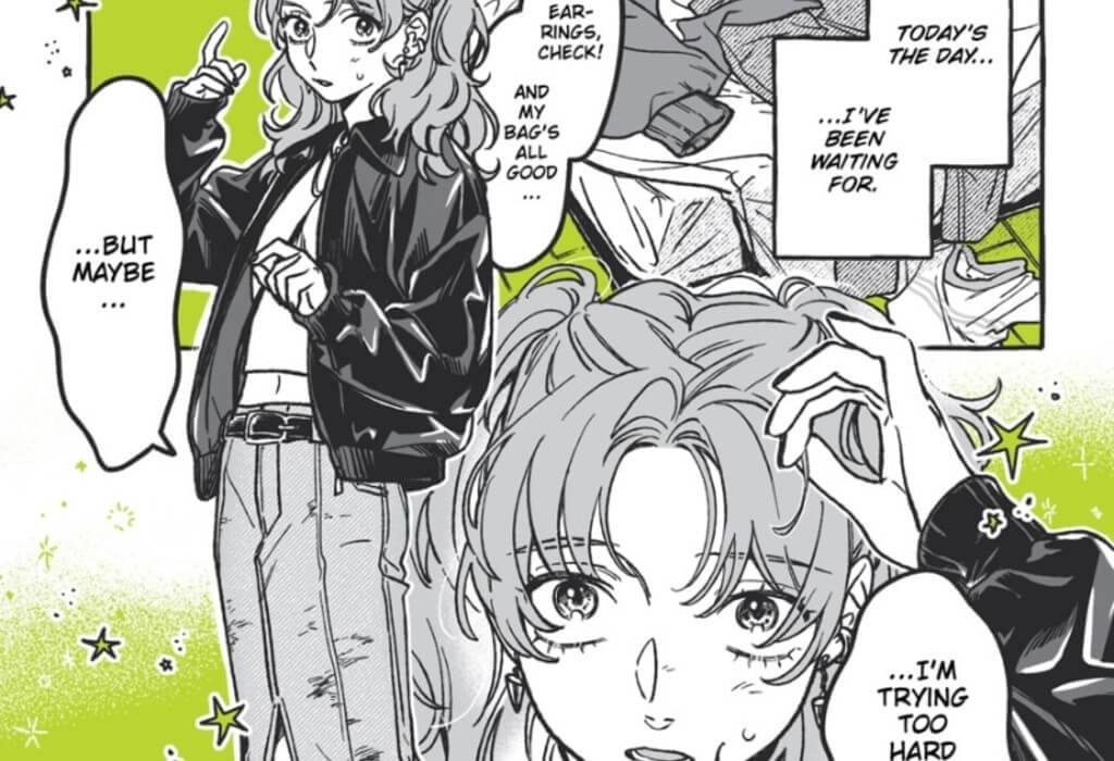 Image is of Aya Oosawa, a redheaded girl with her hair in pigtails, wearing a jacket, earrings, crop top, and jeans with a belt. The background behind her is green with green stars. Her internal thoughts are, "Today's the day I've been waiting for." Her spoken dialogue is, "Earrings, check! And my bag's all good… but maybe I'm trying too hard." 