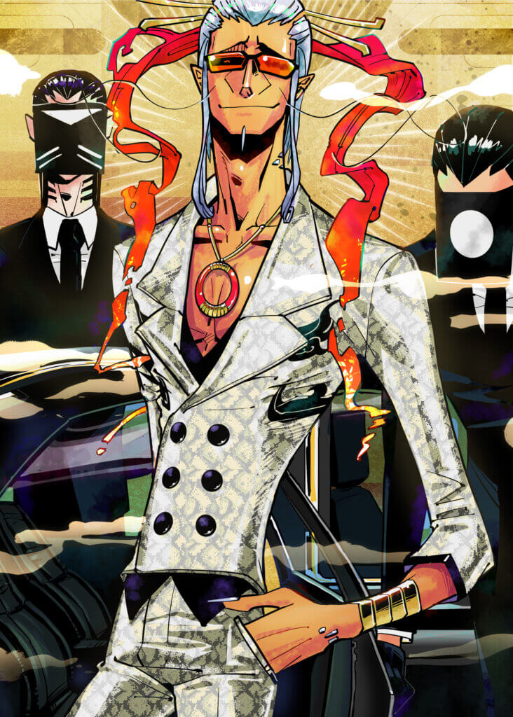 A page from Zigoku’s Foreman. A stylish man wearing a white patterned suit and ring necklace stands in front of two mysterious masked individuals.