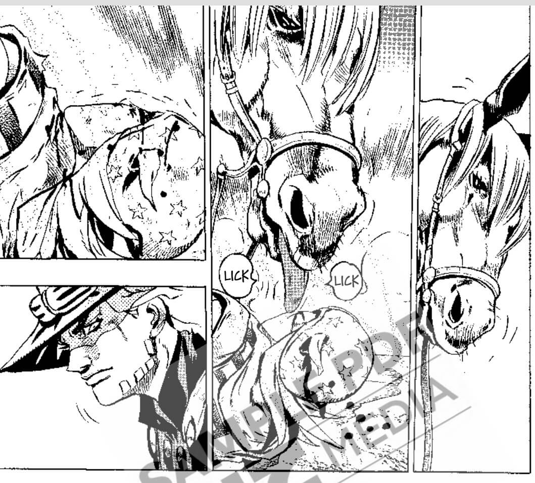  A gentle packhorse bends down and licks Johnny's face as he lays on the floor bleeding. Zepalini looks on from his own horse with a stoic yet curious expression, as though he is assessing an honoured rival. It is reminiscent of the scene from Lord of the Rings where Brego rescues Aragorn. 