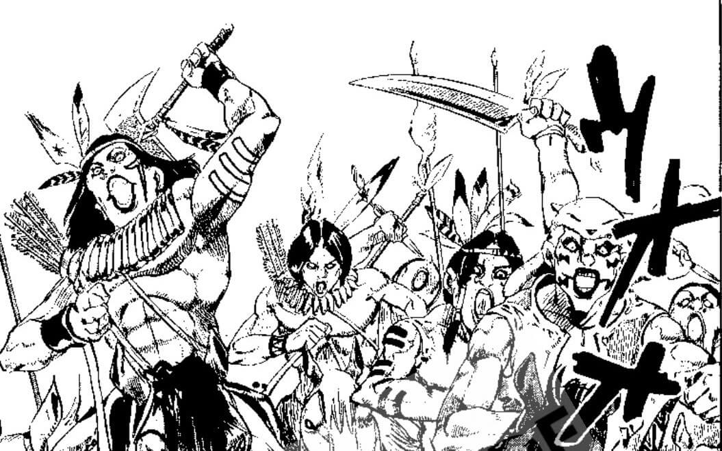  A group of Native American warriors on horseback all screaming and brandishing weapons such as axes, spears, and knives. They all have angry grotesque expressions and highly defined muscles. Their clothing is stereotypical with feathered headdresses and large necklaces