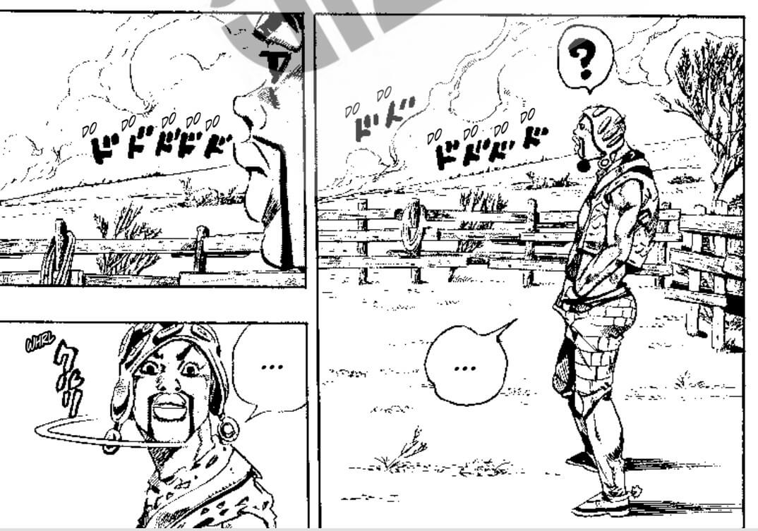  Pocoloco stands in a paddock wearing a vest and trousers with a brick pattern. He has long knee high cowboy boots. He is in a slouched pose with his hands tucked down the front of his trousers. His expression is vacant. He whistles. The speech bubbles are only eclipses and question marks. He whips around with a raised eyebrow to see something off panel