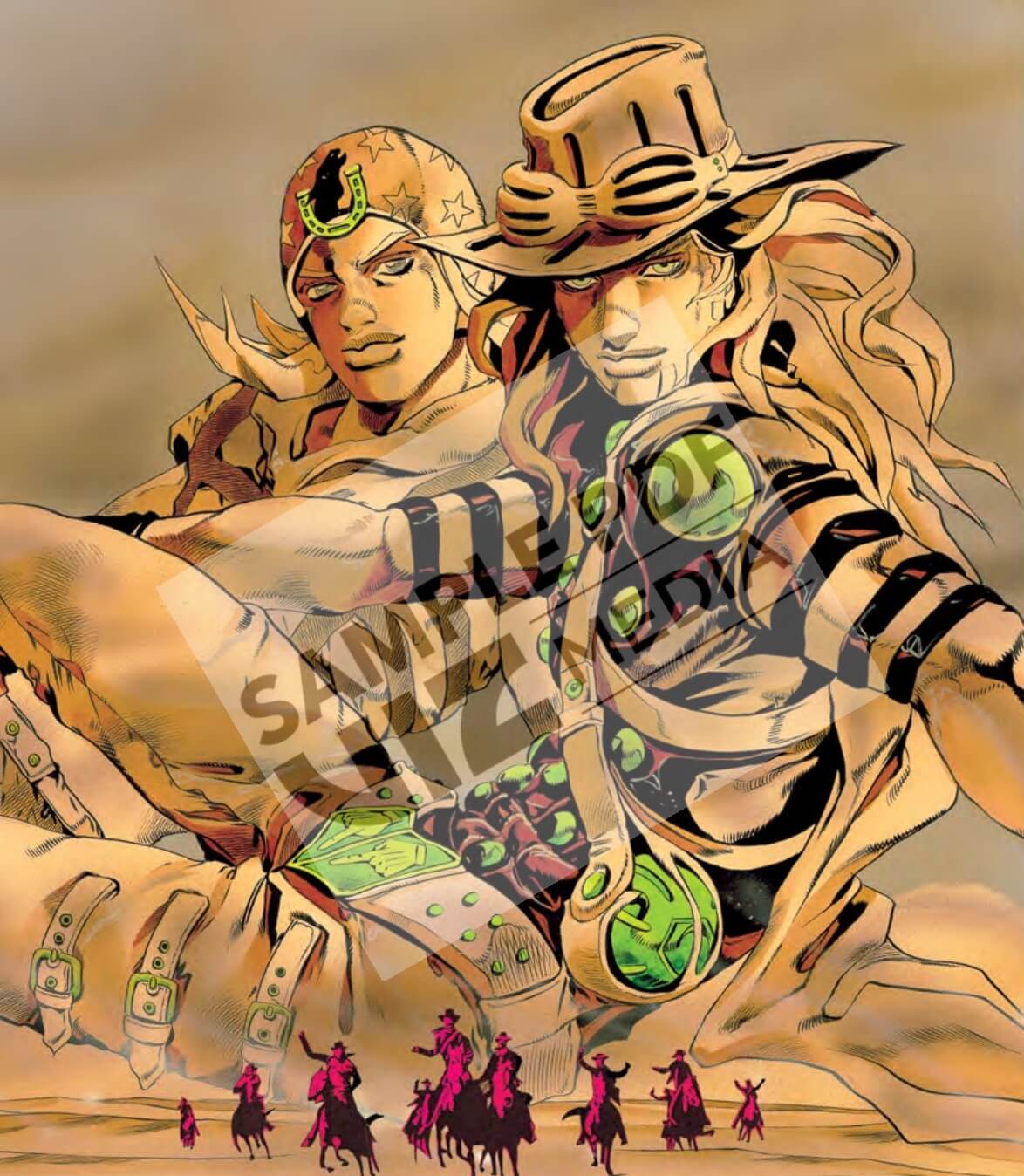  A title page from the manga. It is in all sepia tones save for a few key details highlighted in lime green.Two men larger than life lounge in the middle of a desert storm as though posing for Vogue. In front of them, and much smaller, is a red troop of cowboys reminiscent of The Magnificent Seven. The man in front (Zepalini) has long hair, full lips and a muscular physique. He has a cowboy hat with sand goggles over the top. He is wearing a skin tight black bodysuit made up of leather straps that expose his arms and sides. Over the top he wears a leather gun holster containing two green balls. He has on cowboy style slacks held up by a belt. The belt buckle is green, with two hands that point directly towards his crotch. Behind him is a slimmer man (Johnny) with spiky hair that slips out from underneath a jockey cap. The cap is decorated with stars and has a green horse shoe on the forehead. He also has full lips and clear focused eyes.