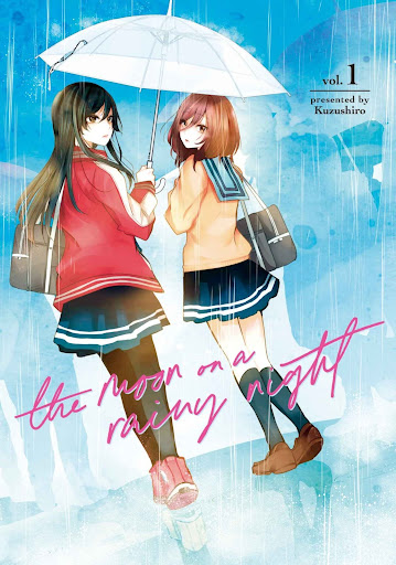Volume 1 cover depicting Kanon and Saki in their school uniforms sharing a clear umbrella while shapes resembling people surround them in blue watercolor washes, with the title in pink handwritten text over them.