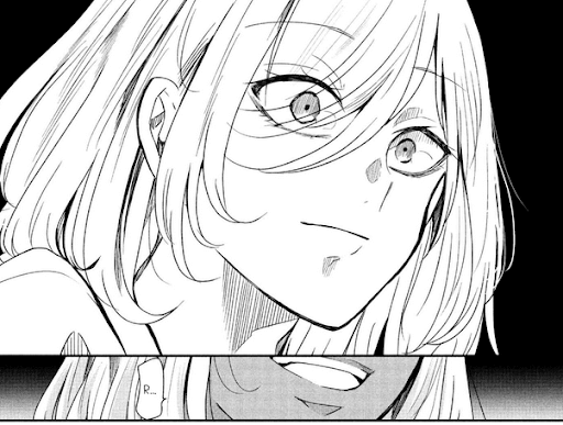 Panel showing a close-up of Saki’s face when Kanon shows her the sign language for “marriage”, followed by a close-up of her mouth in shadow, attempting a smile.