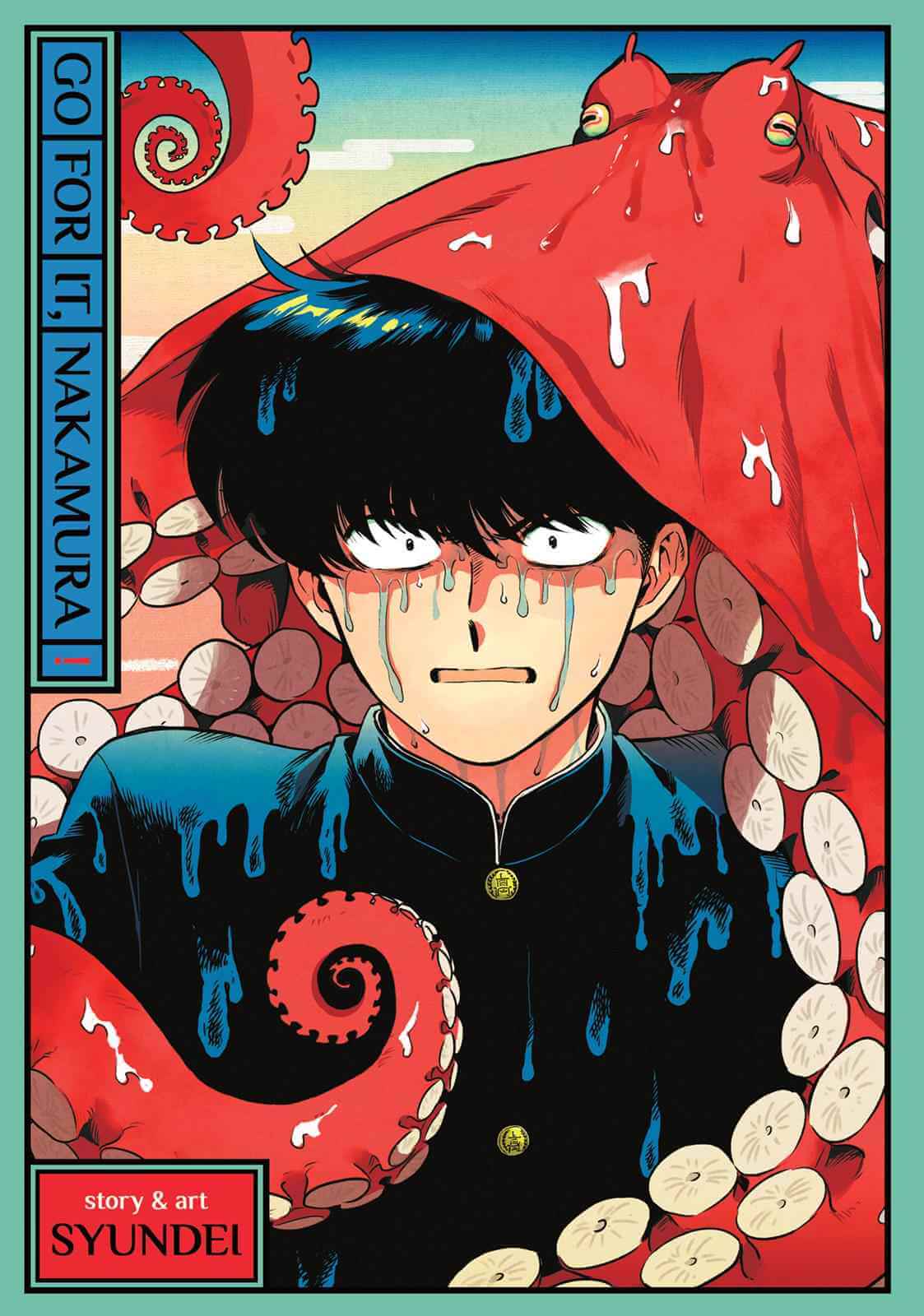 Nakamura looks toward the camera, looking distressed. An octopus sits on his head.