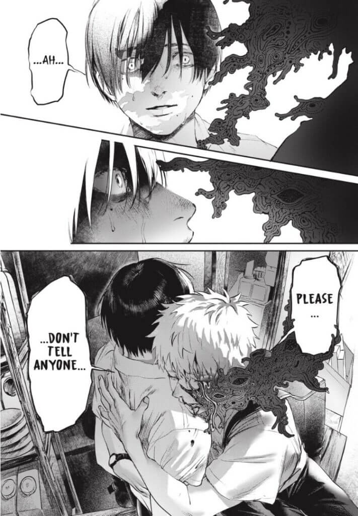 A page from the manga. Yoshiki is frozen in panic as an alien appendage grows from the fake Hikaru’s face. The fake Hikaru hugs Yoshiki, and begs him not to tell anyone.