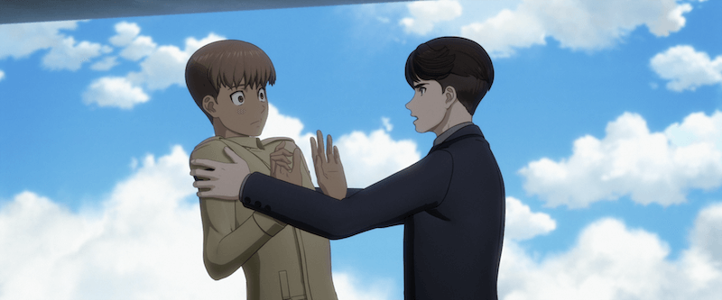 Alek, a black-haired teenage boy, grabs the shoulders of a startled Sharp, a brown-haired teenage girl disguised as a boy. A blue sky and clouds fill the background.