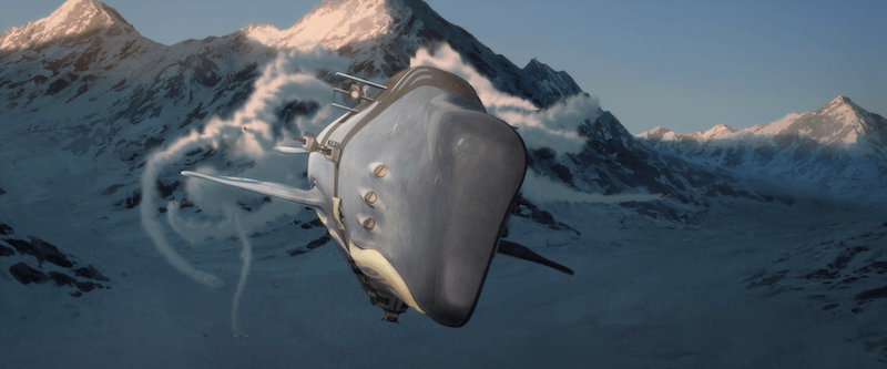 The Leviathan, a whale that is also an airship, flies over snowy mountains. Paths of white smoke follow the ship in the distance.