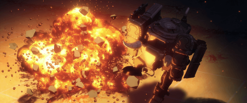 A Walker mech, with bull face between two legs, steps away from an explosion sending rubble outward.