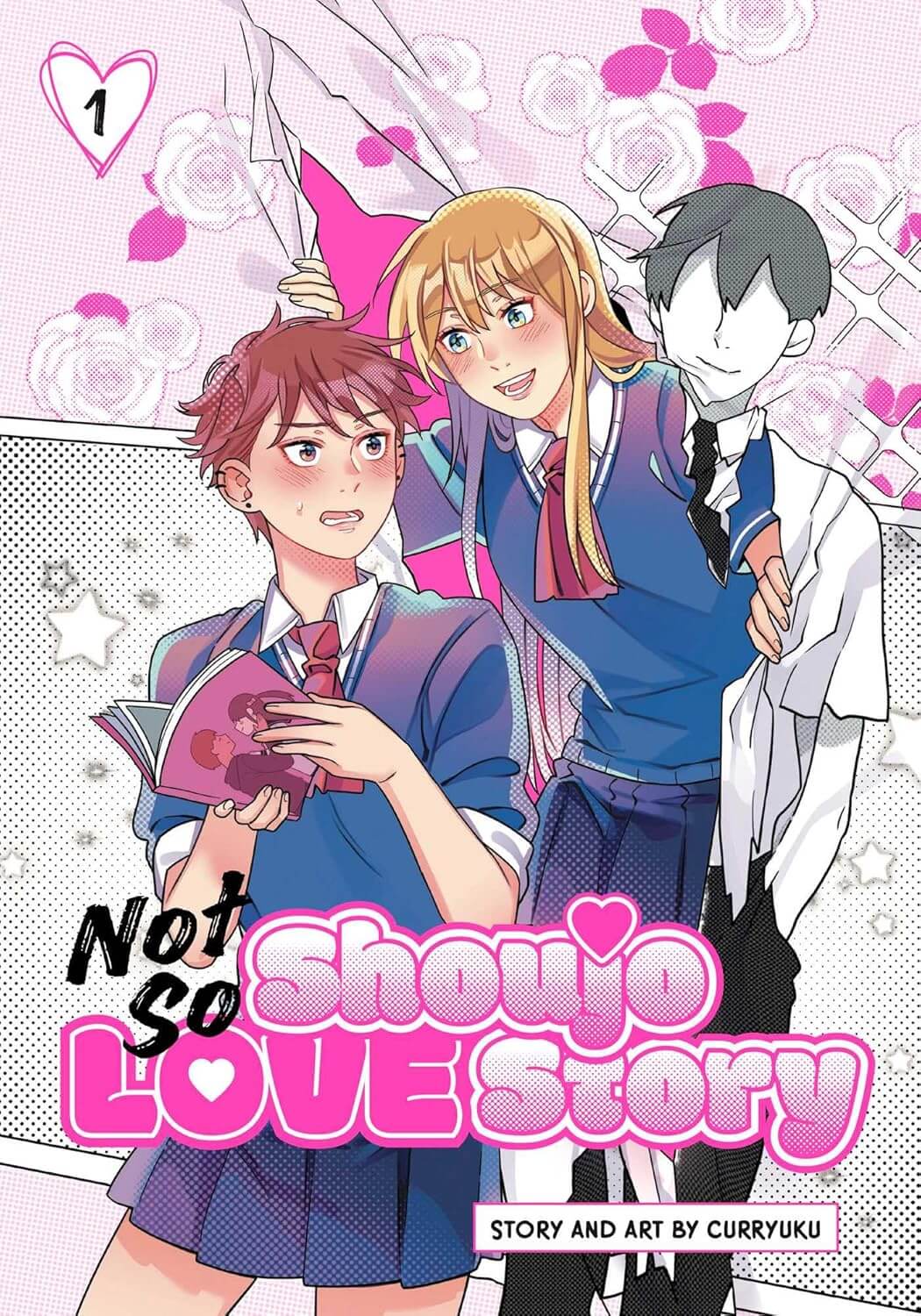 The cover of volume 1 for Not So Shoujo Love Story. Rei is looking surprised and blushing as Hanna tears through an enlarge manga panel and staring at her smiling and blushing.
