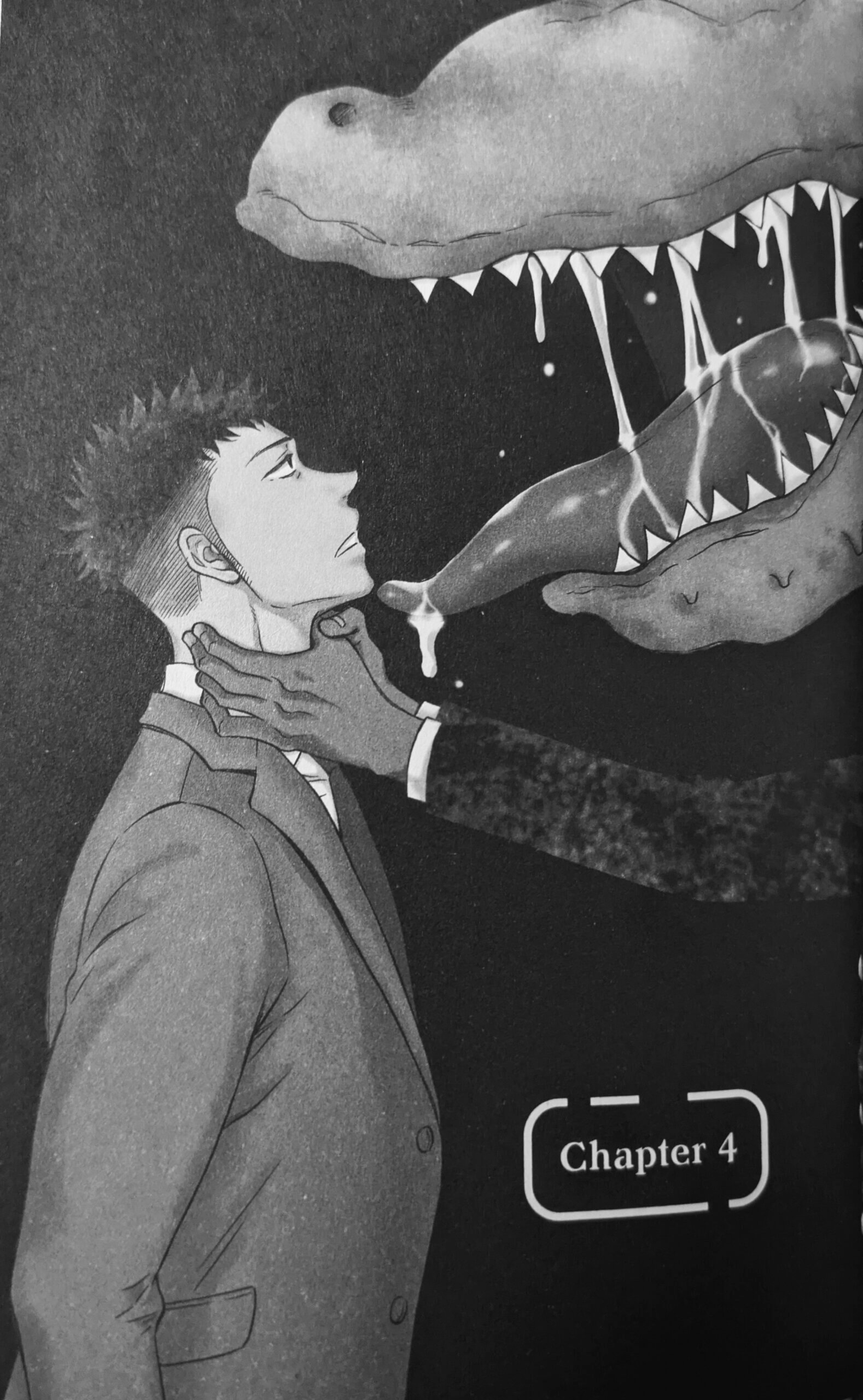 Chapter 4 cover image. An adult man in a suit with a fade cut stands in surprise as Arashiro's giant gaping maw opens up before him and a tongue spools out of it with saliva dripping down. Arashiro’s hands are reaching out to strangle him, hands clasped around his neck but not pushing down. There is a slight erotic quality to the piece.