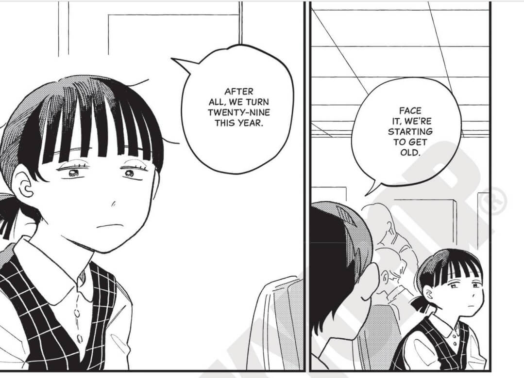 Two manga panels showing Shuko sitting at her work desk looking tired and frazzled. Her co-worker says to her, “Face it, we’re starting to get old. After all, we turn twenty-nine this year.”
