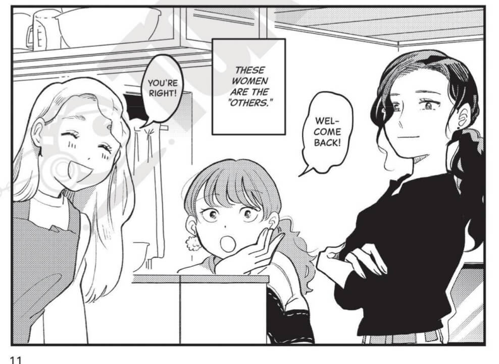 Three women - Shio, Eika, and Misaki - standing together in a kitchen. Shio is smiling warmly and saying, “You’re right!” Misaki is leaning casually on her hand and saying, “Welcome back!” Eika is standing with her arms crossed smiling faintly. A text box in the middle of the panel says, “These women are the ‘others.’”