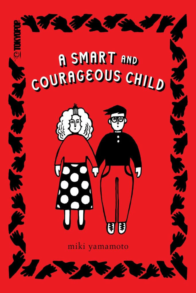 The cover to A Smart and Courageous Child. It is bright red with a border of simplistic black birds surrounding the text of the title and the couple featured in the story.