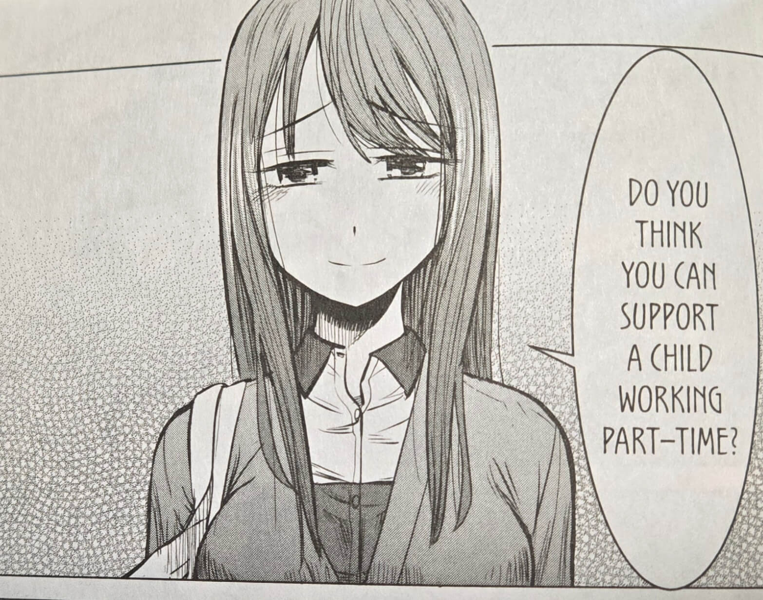 Yuzuki, a woman with light colored hair, wears a sweater over a work uniform and carries a tote bag over her shoulder. A speech balloon says, “Do you think you can support a child working part-time?”.