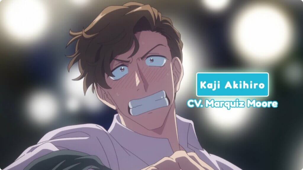 A handsome blond man looks extremely flustered with a blush on his face. Text next to him says Kaji Akihiro CV: Marquiz Moore
