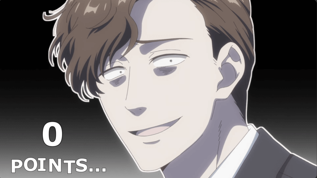 A handsome man with brown hair looking absolutely exasperated. Next to him is squiggly text that reads 0 Points...