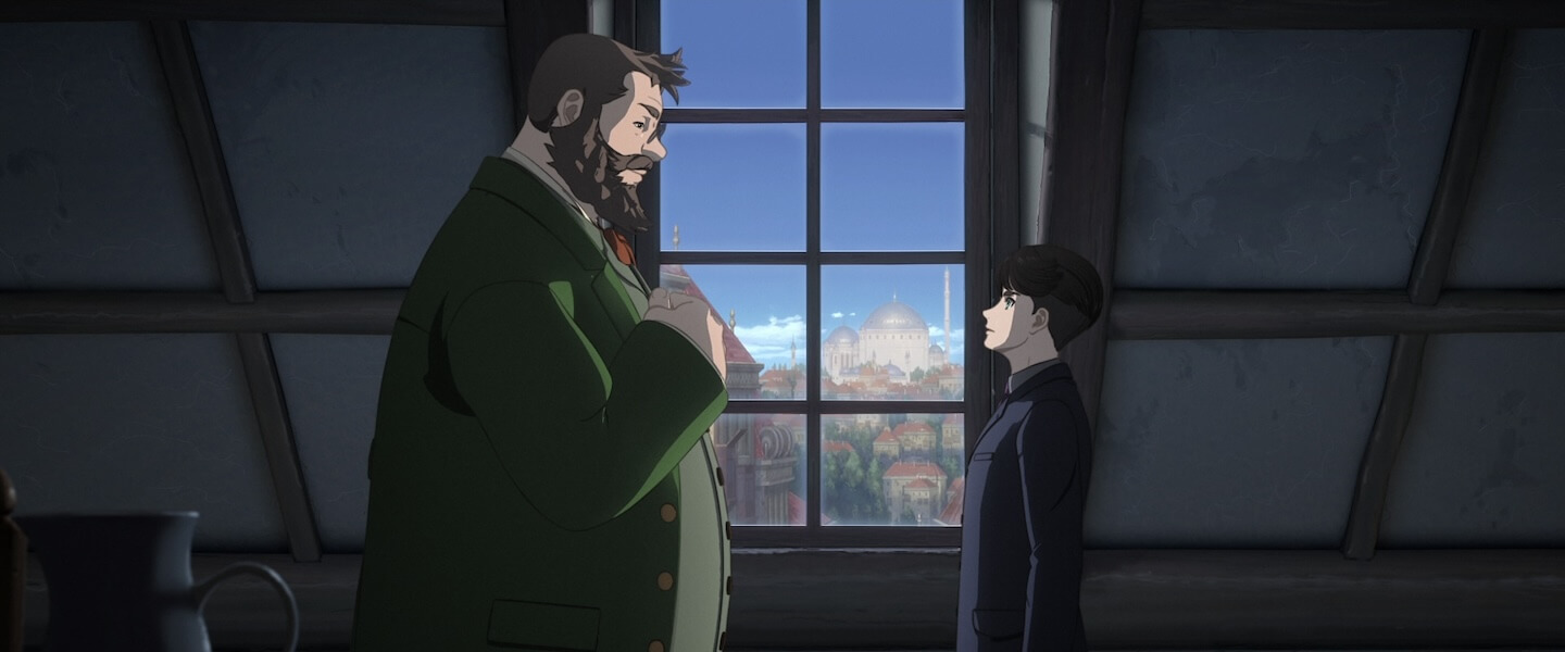 Klopp, a fat bearded man, and Alek, a black-haired teenage boy, stand by a window in a dark attic. The city of Istanbul is visible through the window.