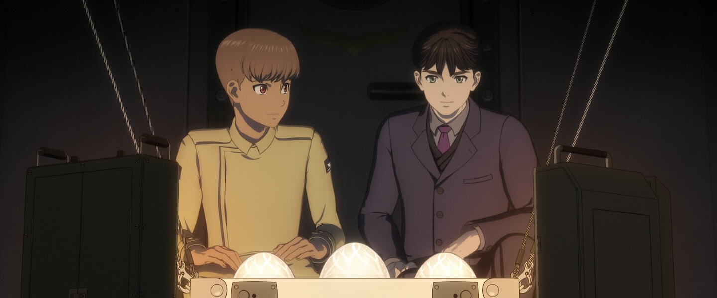 Sharp, a brown-haired teenage girl disguised as a boy, and Alek, a black-haired teenage boy, sit in the dark facing an open suitcase containing glowing eggs.