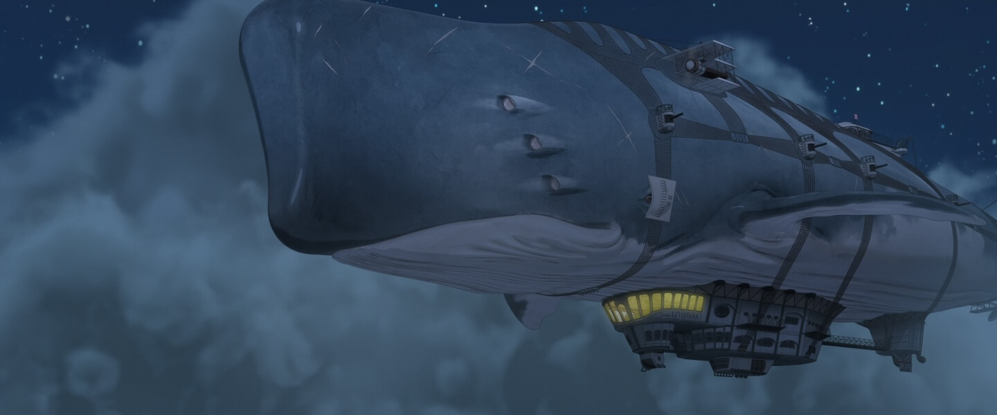 The Leviathan, a whale that is also an airship, flies by clouds on a starry night.