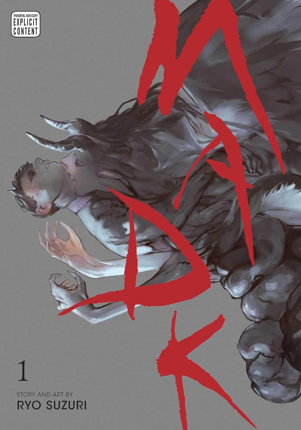 Cover for MADK volume 1. A beautifully- illustrated drawing in greys and pinks is depicting. A winged demon sensually biting into the neck of a willing victim. The demon’s entire smoke-like body engulfs the young man, who clings to him in the throws of ecstasy