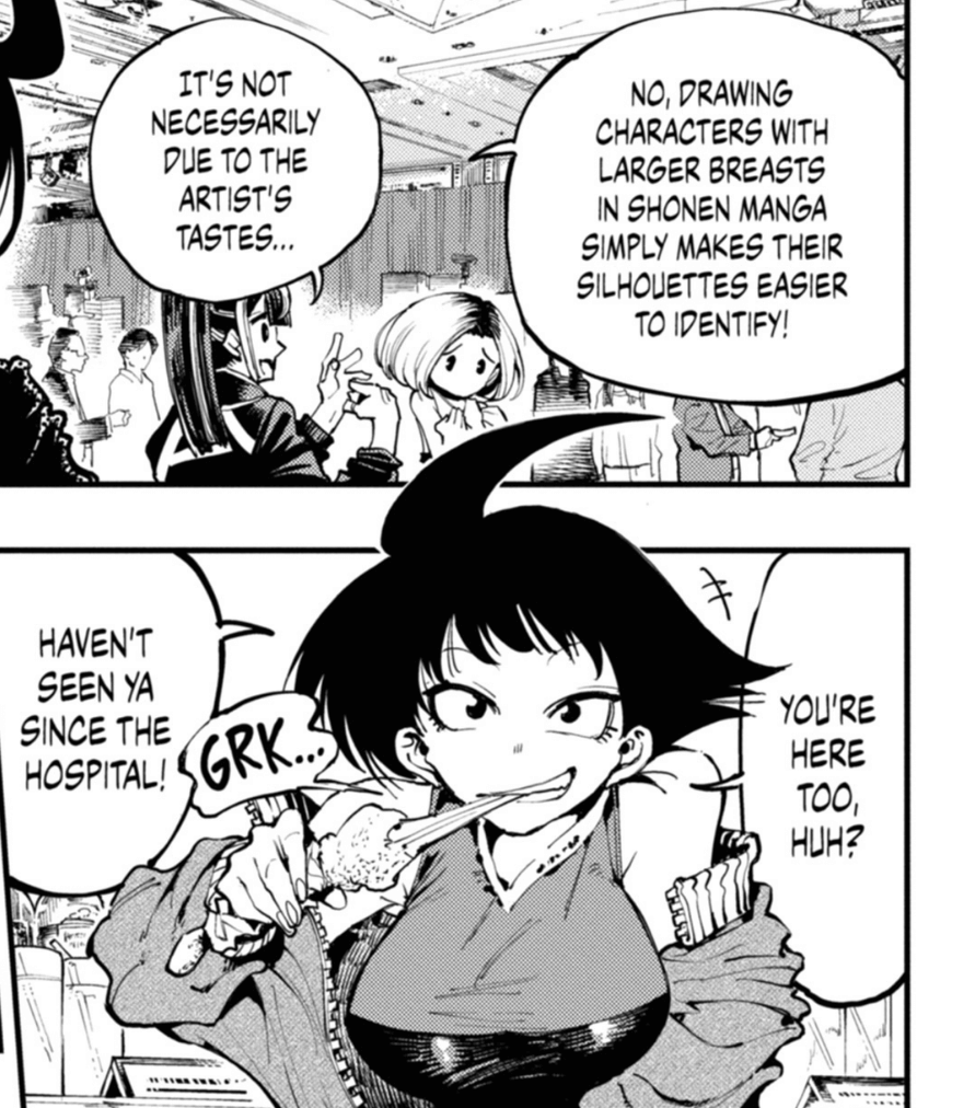 Garyo saying “No, drawing characters with larger breasts in shonen manga makes their silhouettes easier to identify!” In the following panel, Tanaka is presented from the front so her larger breasts are visible.