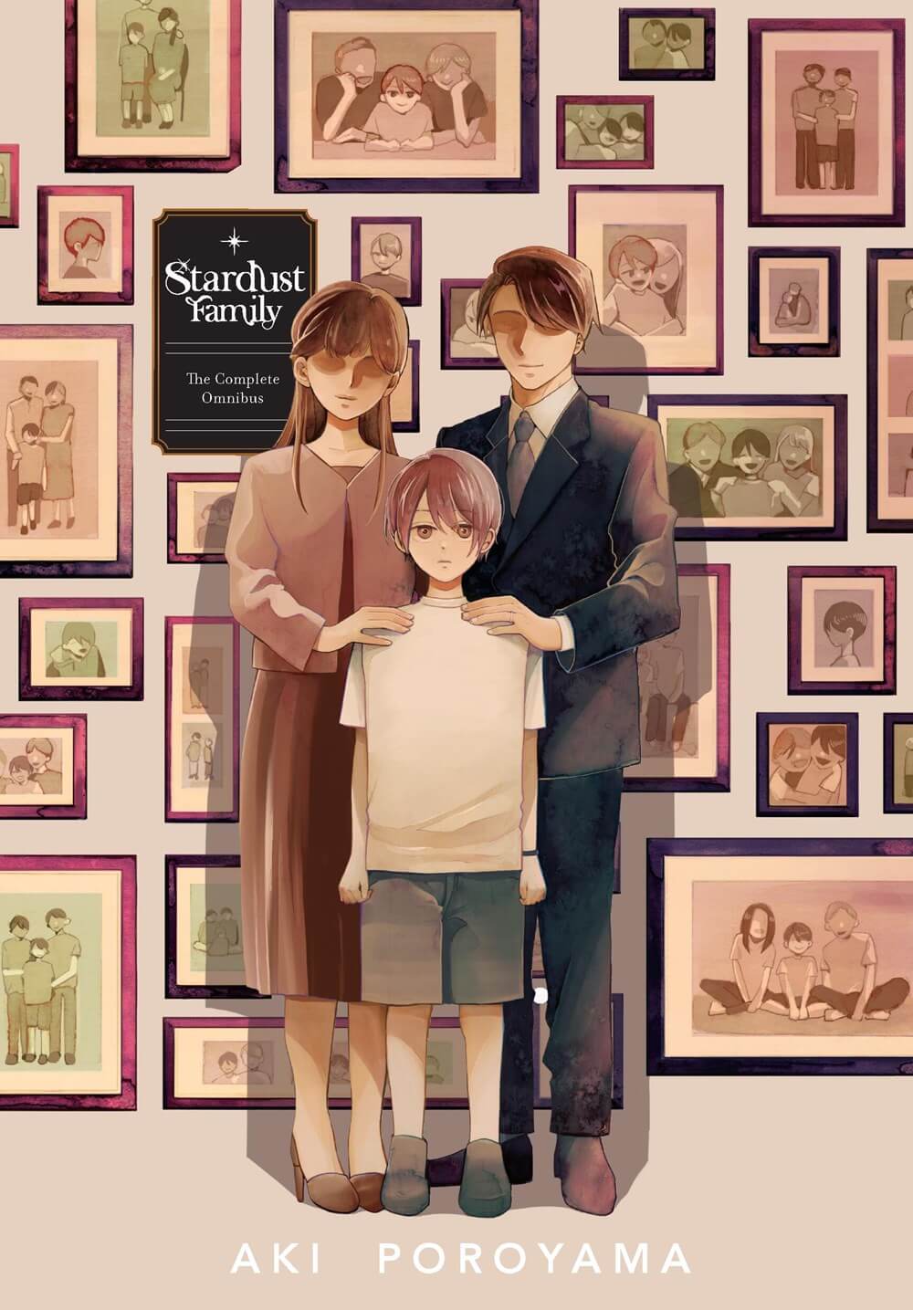 The book cover for Stardust Family. It shows an adult man and woman, both with brown hair, gently setting their hands on a young boy's shoulders. They stand in front of a wall filled with photos.