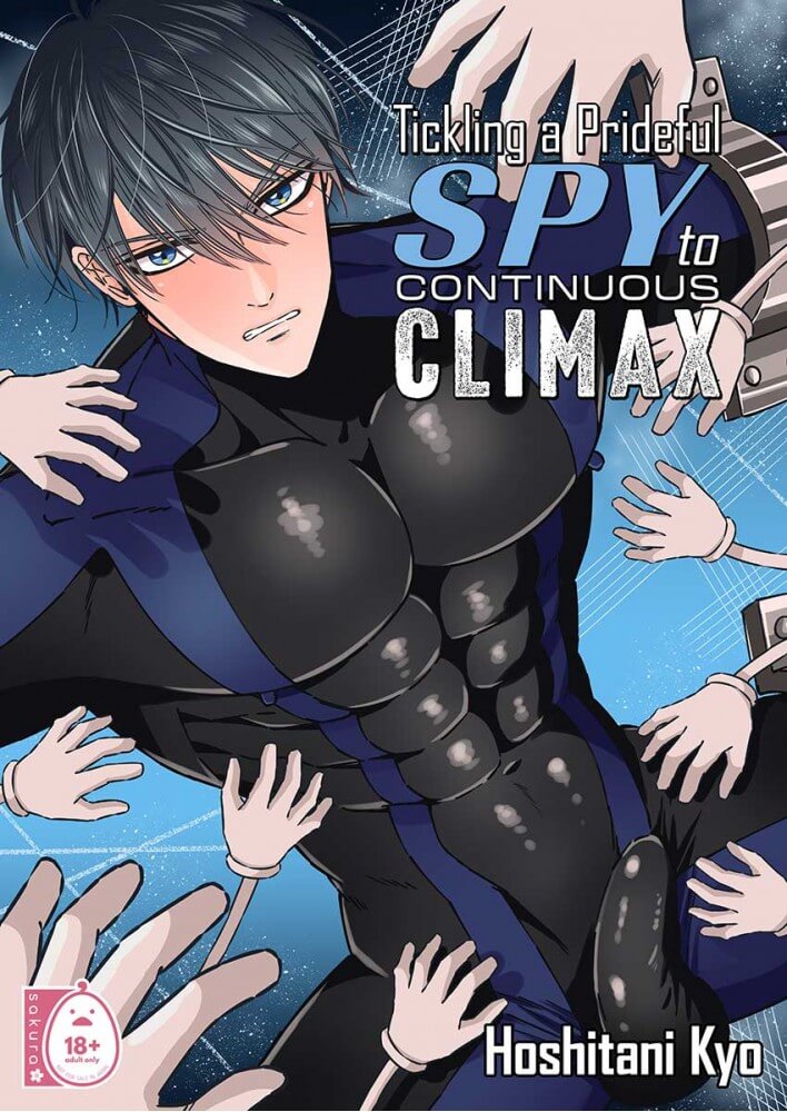 A man is pictured in a black superhero suit with dark blue stripes. It is skin tight, or possibly just sprayed on so as to show off every individual ab. His dick is getting hard, and appears to be in its own little sleeve that’s part of the suit. Lots of tiny mechanical hands reach out towards him. He is not happy about this.]