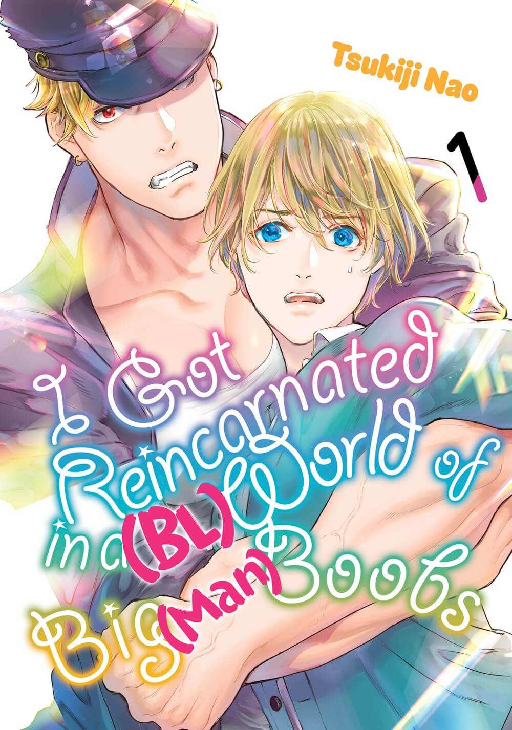 Omnibus Volume 1 of “I Got Reincarnated in a (BL) world of Big (Man) Boobs”. A big burly muscly teenager with glistening pecks wearing a military style school uniform and cap reminiscent of Jotaro from JJBA clings to a skinny waifish boy with blonde hair and blue eyes. The title of the manga is in swirling rainbow cursive like a neon sign outside a club, save the the words in brackets which are stamped on in a bold pink font.