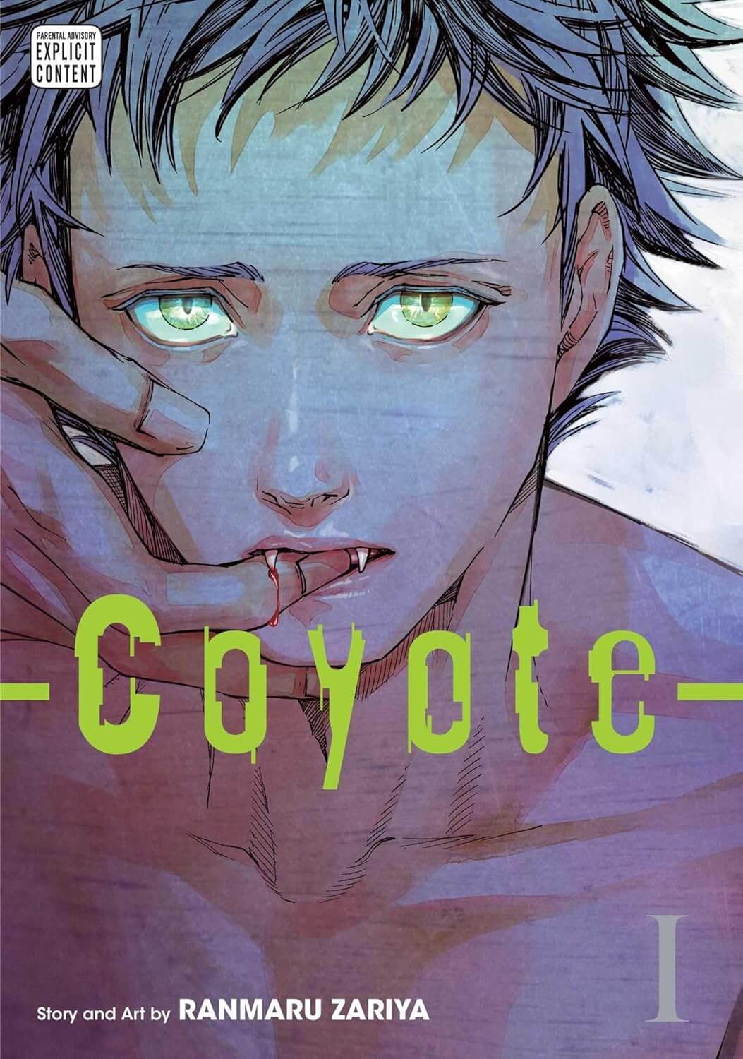 Coyote Volume 1. Pictured is a head and shoulders shot of a frail-looking naked young man. There is a finger being gently pushed inside his mouth that his two small protruding fangs bite down on, releasing a small trickle of blood. He has green eyes with slit pupils. The colors are shades of grey and blue, giving it an intense, yet somehow still melancholy feel. The word “Coyote” is in bright green text that is designed to look like peeling paint
