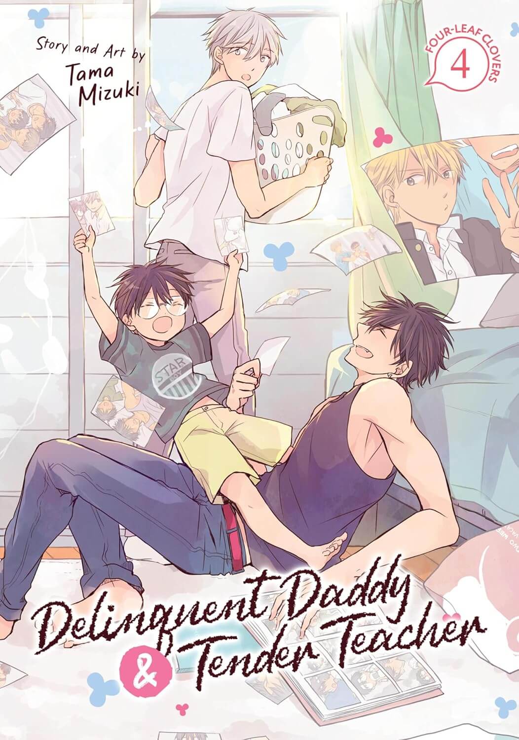 Cover for Volume 4 of Delinquent Daddy & Tender Teacher. A man and his young son rough house in a bedroom with photos flying everywhere. His partner stands behind him with a washing basket looking a little dismayed. The photos are of the two men as teenagers.