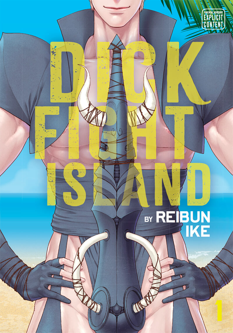 Cover for Dick Fight Island Volume 1. A pale man stands with full confidence, hands on hips, even though we can only see his smile and torso. He is decked out in metal armor that covers his stomach and shoulders, but leaves the rest of his body bare. One thing is very well protected, though, and that’s his dick, which is encased in its own very special armour decorated with animal bone horns. It reaches up to his chin in length. No wonder he looks so happy.