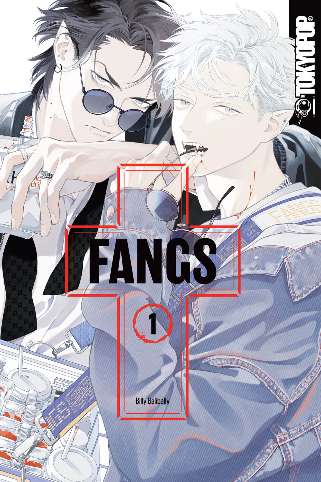  Fangs Volume 1. The title is written inside of the red outline of a Christian cross. Two pointy-eared Japanese vampires are pictured in modern street clothes. One has black hair, a pierced ear, and round sunglasses that he is looking over menacingly. He is casually leaning on the shoulder of the second vampire whilst holding a freshly-drunk blood bag. The second vampire is a younger man with snow white hair who looks at the viewer with a spaced-out expression. He has his own sunglasses dangling from his mouth between his fangs. He has a vendor’s tray filled with take away straw cups and blood bags.