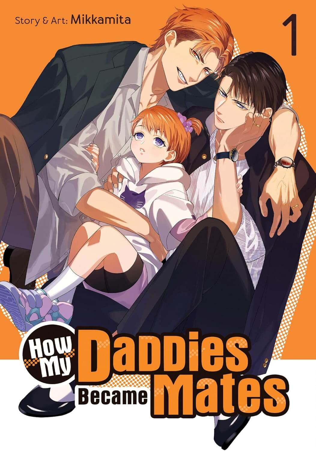 Two tough looking men in suits with a young girl in their lap. The girl has orange hair like the man on the left, and blue eyes like the man on the right. The man on the left has his arms wrapped around them both with a giant shark-like grin. The man on the right has a bored, put upon expression.