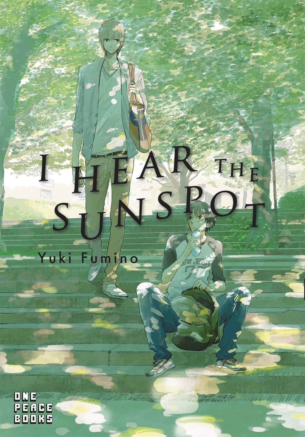 Cover for Volume 1 of I Hear the Sunspot. Two college students on a flight of stairs in a park. One boy has dark hair and is eating as he slouches, sitting on the stairs. The other has light hair, and is standing as he walks down to meet the other boy. The light is tinged green with hints of bright sunlight dappled through the leaves.