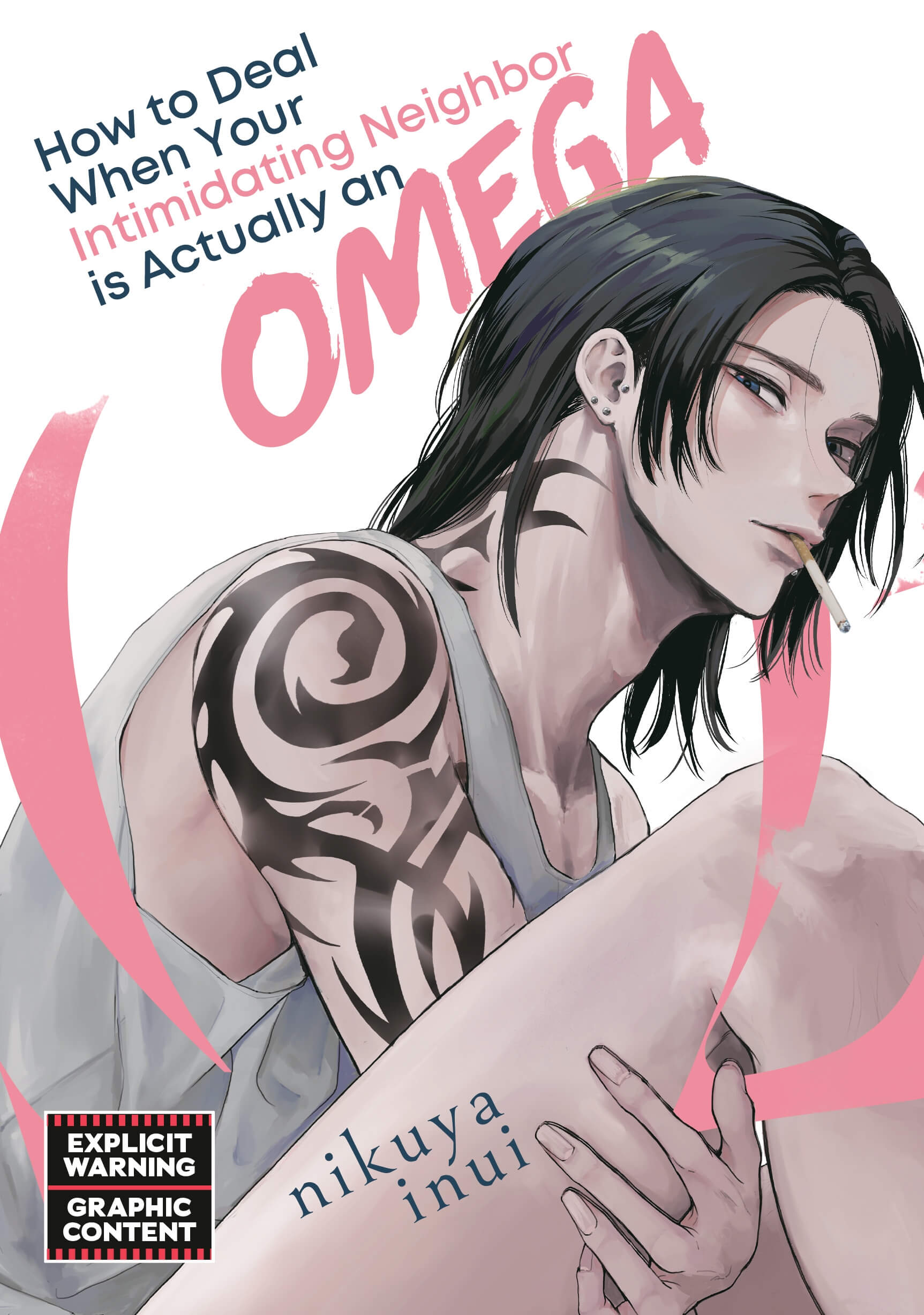  A young man with long black hair and a fake tribal tattoo that goes all around his arm and up onto his neck stares challengingly at the viewer with a cigarette in his mouth. He has a baggy tank top on, but nothing else. He is sitting with his bare legs bent and his hand clutching at the soft skin of his inner thigh. A giant pink Omega symbol loosely encapsulates him.