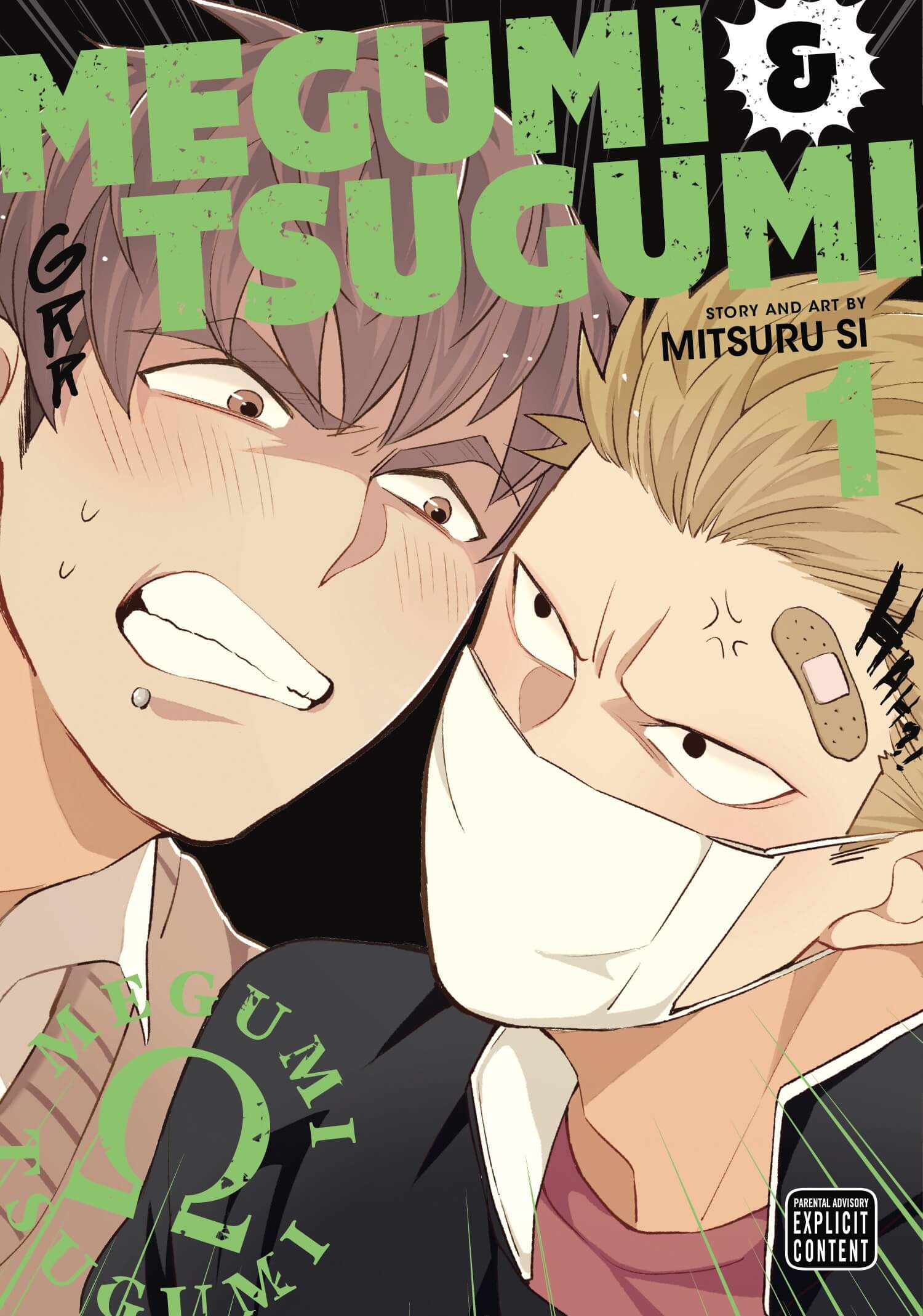 Two angry high school delinquents in different school uniforms literally bash heads. The one on the right has a white face mask, a plaster on his forehead, and blonde spikey hair. The one on the left has a facial piercing and brown hair. He is blushing and sweating, but the one on the right is too angry to notice.