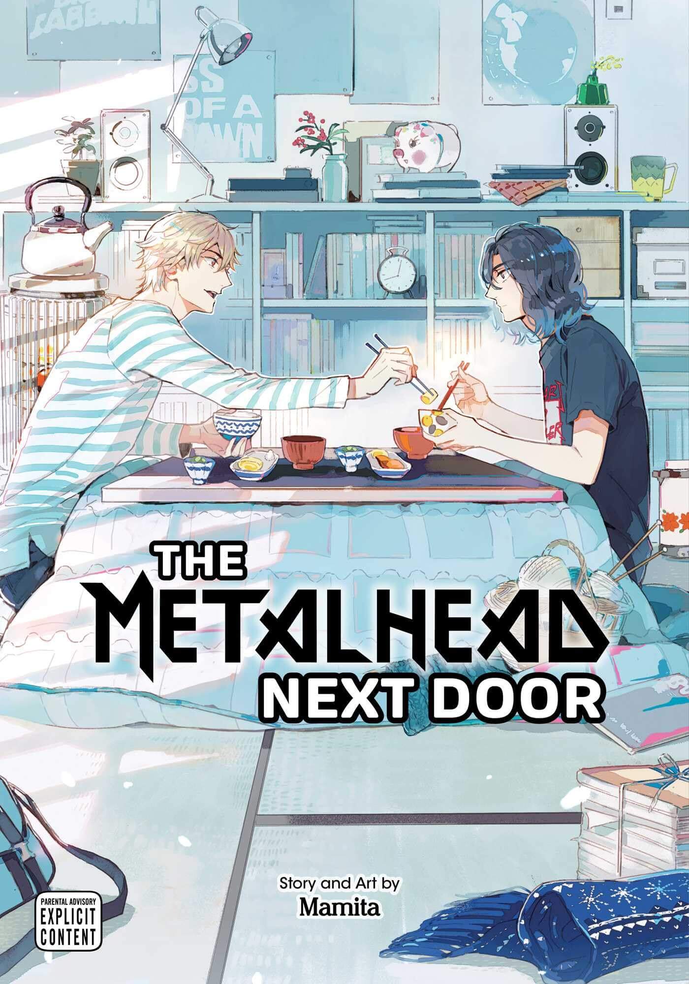 Cover for The Metalhead Next Door. Two men in their late 20s/Early 30s relax around a kotatsu, eating a traditional Japanese breakfast together. One is confident with short blonde hair and a blue and white striped long sleeved shirt. The other is more shy, with llong wavy black hair and a black band T-Shirt. Dotted around the tatami are various knitting projects. There are posters of made up metal bands on the wall. It has a cozy, comfortable vibe with soft light blue tones