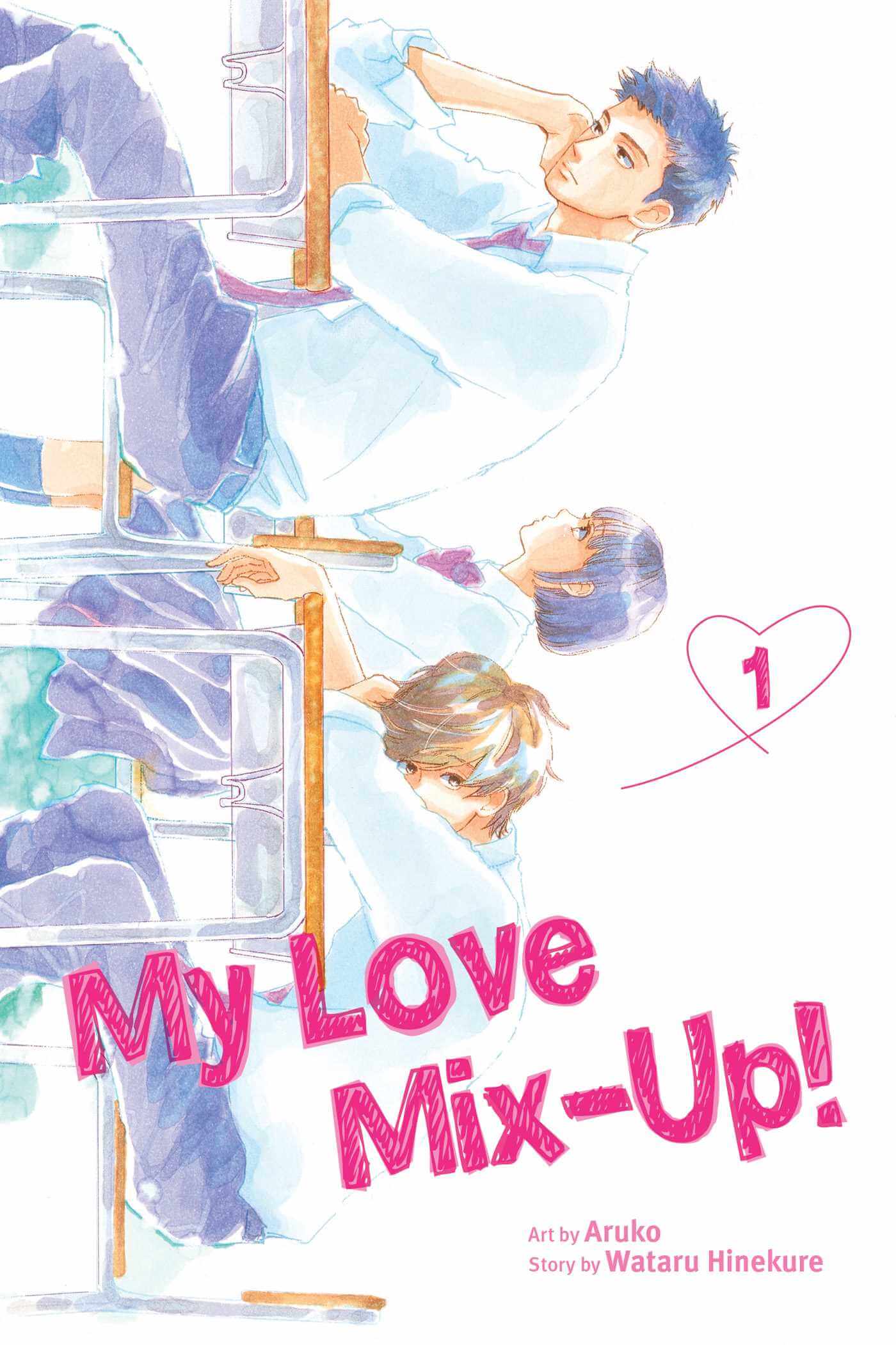 Cover for My Love Mix-Up! Volume 1. A watercolour style drawing of three teenagers sitting at school desks. The drawing is horizontal but presented vertical. One boy with black hair rests his elbow on the desk and hand on his head, looking bored but paying attention to class. A girl with a short black bob looks diligently forward. A boy with fluffy brown hair has his head buried in his arms on the desk, barely peeping out at the viewer with a shy expression.